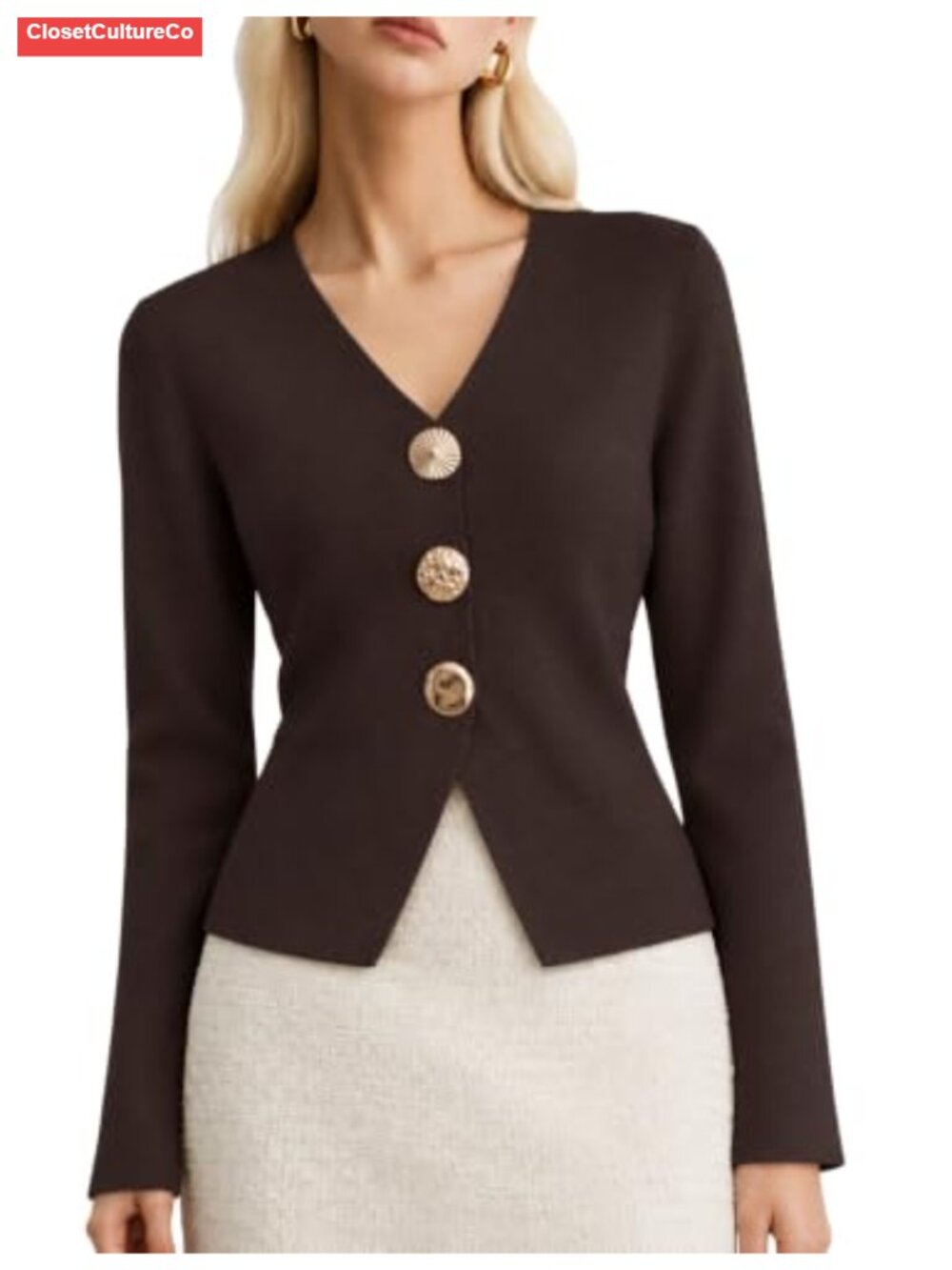 100% Viscose Cropped Gold Button Cardigan Structured Long Sleeve